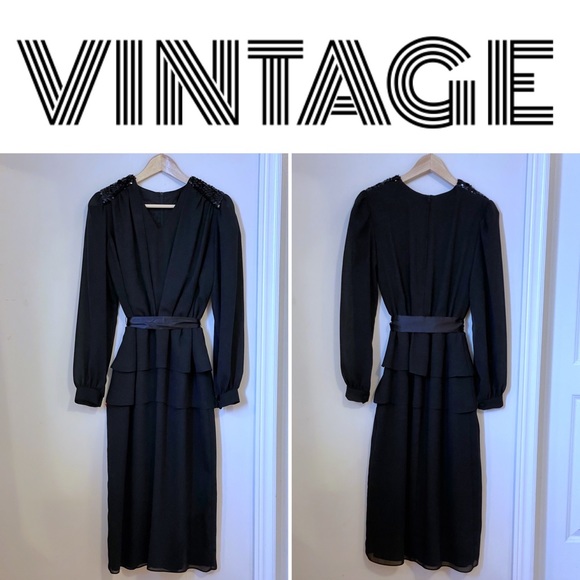 Vintage Dresses & Skirts - Vintage black midi dress with peplum ruffles